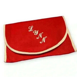 RARE VTG 60s - 70s red & cream canvas clutch East Texas Handbag Co. Lynn